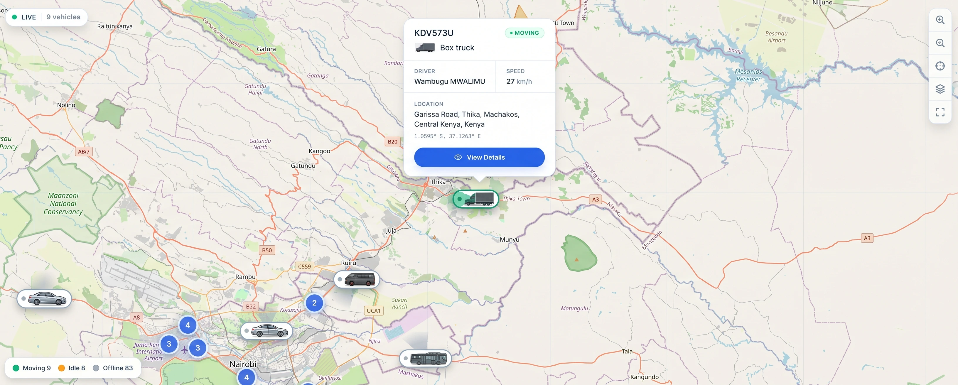 Ajira platform: Live map with a route-deviation alert